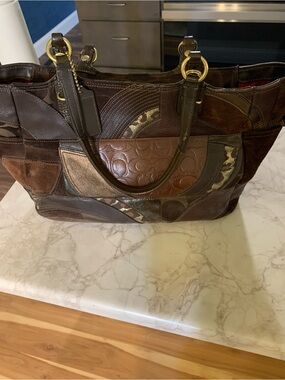 Coach Patchwork Leather Tote in Brown with Metallic Accents